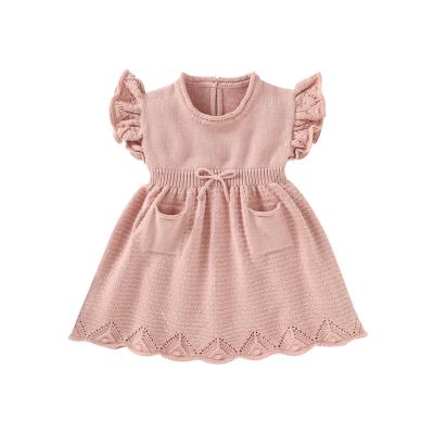 China Anti-wrinkle Babies Dress Mimixiong 100% Cotton Knitted Bebes Solid Color Infant Pleated Princess Dress for sale