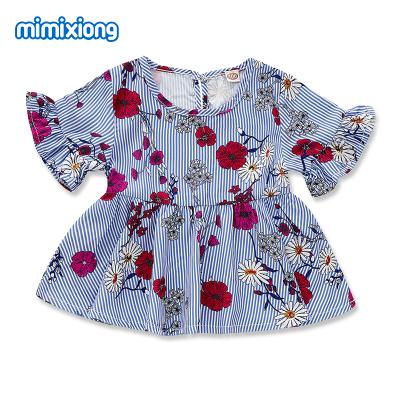 China Low MOQ Anti-Static Kids Clothes Babies Summer Casual Cotton Stripped Flower Dresses For 2-10 Year for sale