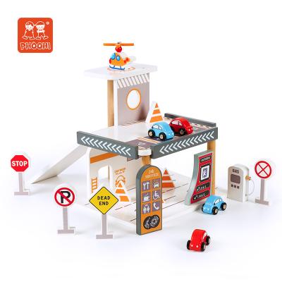 China MDF+Solid Wood Pretend Parking Garage Educational Wooden Gas Station Game Role Play Toy Kids Wooden Toy For Children for sale