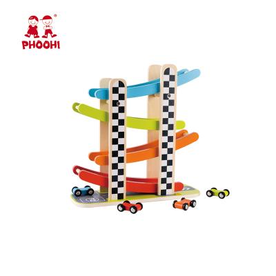 China Kindergarten Wooden Educational Track Plywood+solid Kids Toy Sliding Tower For Kids Games Wooden Packing Track for sale