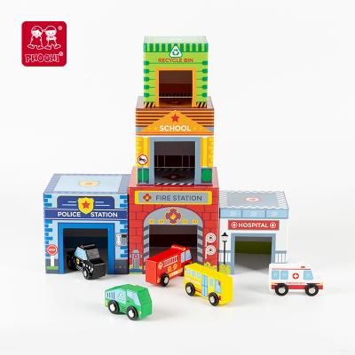 China New Cardboard+MDF Kids Educational Toy Traffic Kids Stacking Laying Cube For Toddler With Wooden Toy Car for sale