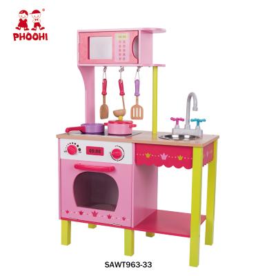 China MDF + Solid Wood +Plastic+Metal Pink Pretend Play Kitchen Toy Set Kids Toddler Educational Wooden Kitchen For Kids 3+ for sale