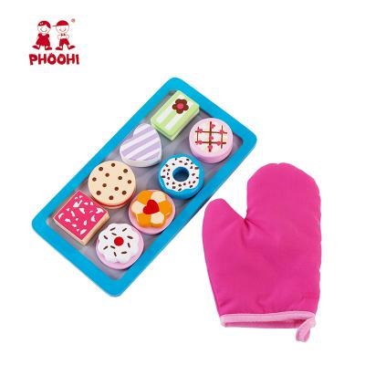 China Wooden MDF Kids Biscuits Simulation Toy Children Pretend Play Food Biscuit Set With Glove for sale