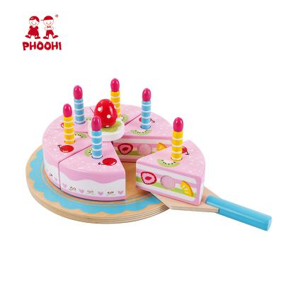 China New Design MDF+Solid Wood+Plywood Kids Pretend Play Food Cutting Pink Kids Cake Wooden Toy With Candles for sale