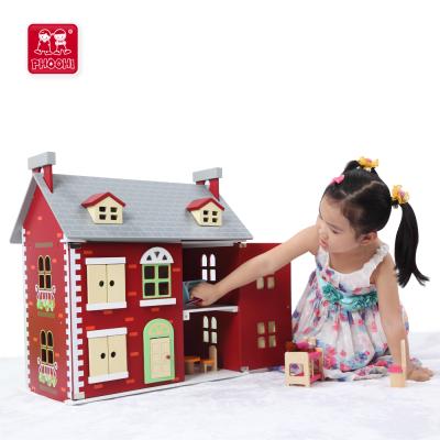 China Dark Red MDF Kids Pretend Play House Toy 4 Doll Rooms Wooden Dollhouse for sale