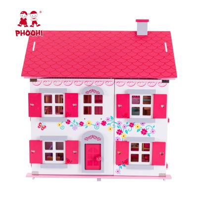 China MDF+Solid Wood 2018 New Pink Flower Kids Play Wooden Doll Play Toy Kids Dollhouse For 3+ for sale