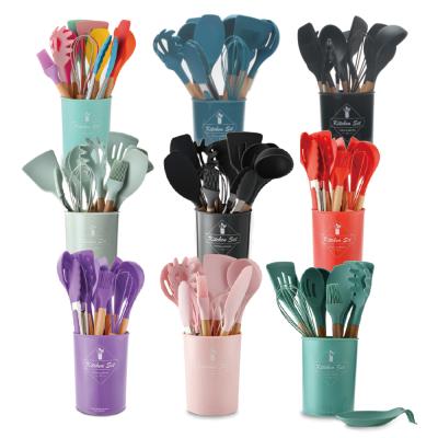 China Sustainable 11Pcs Silicone Kitchen Utensils With Wooden Handle Silicone Mint Green Kitchen Utensils for sale