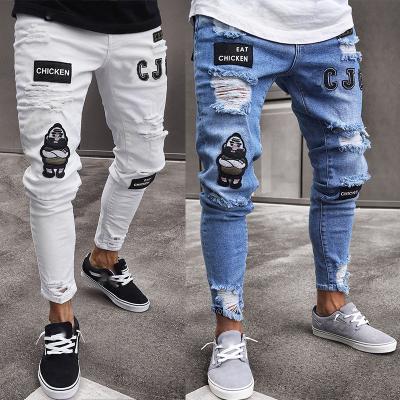 China Destroyed Badge Distressed New Italy Style Waterproof Men Pants Slim Jeans Men Pants Art Patches Skinny Biker White for sale