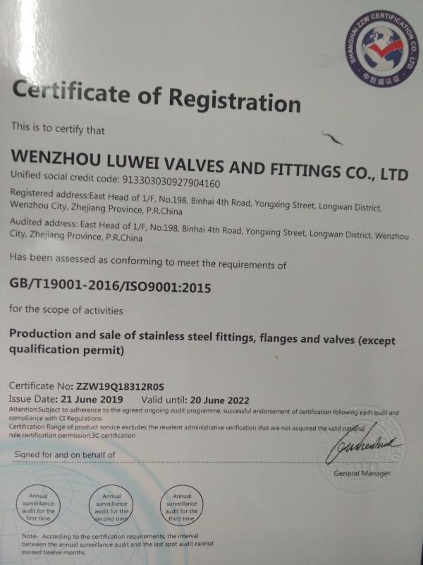 ISO9001 - Wenzhou Luwei Valves And Fittings Co., Ltd.