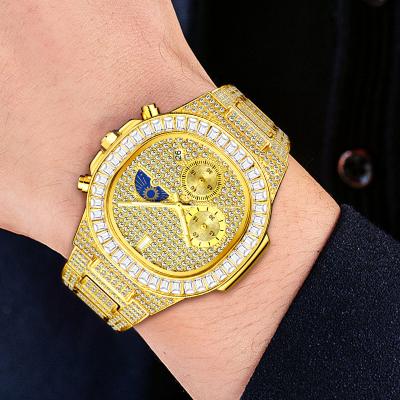 China Full Diamond Quartz Watch Mens Waterproof 18K Gold Wrist Watch Auto Date High End Fashion Western Quartz Watch for sale