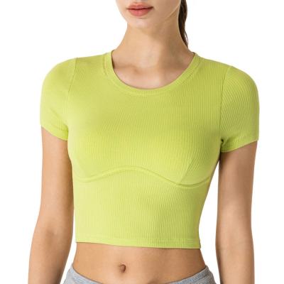 China Breathable 2022 High Quality Simple Rib Collar Neck Yoga Crop Top Fitted Padding Active Stretch Sports T-Shirts for sale