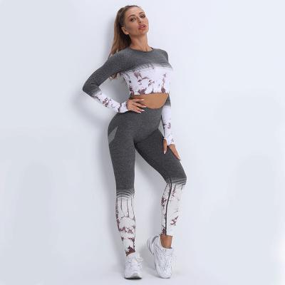 China Wholesale Print Breathable Fitness Dye Tie Dye Women Ladies Winter Seamless Long Sleeve 2 Piece Sports Yoga Set for sale