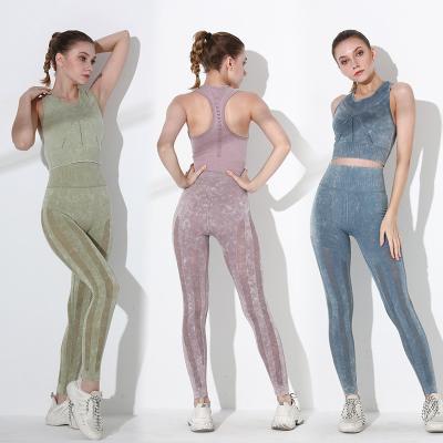 China New Style Ladies Gym Workout Acid Wash Sports Leggings Yoga Sets Activewear Breathable Seamless Vest for sale