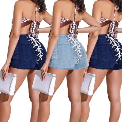 China Popular custom made women's high waist solid lace up QUICK DRY plus size denim shorts for sale