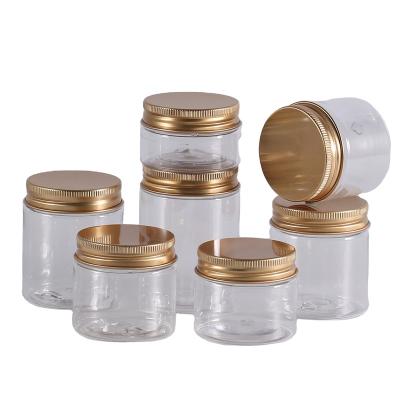 China High Quality Clear Food/Cosmetic Food Grade Snack Food Jar Pet Plastic Jar With Gold Aluminum Lid for sale