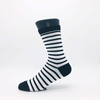 China Business Cotton Sustainable Mens White And Black Striped Crew Length Socks for sale