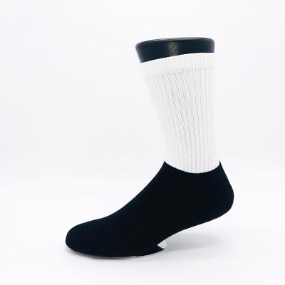 China Sporty white polyester sublimation blank socks with black or colored cotton foot for sale