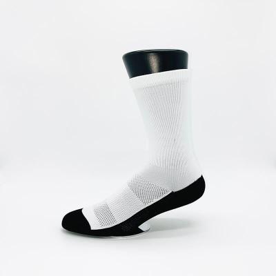 China Sporty White Polyester Sublimation Full Length Empty Crew Socks With Black Foot Bottom for sale