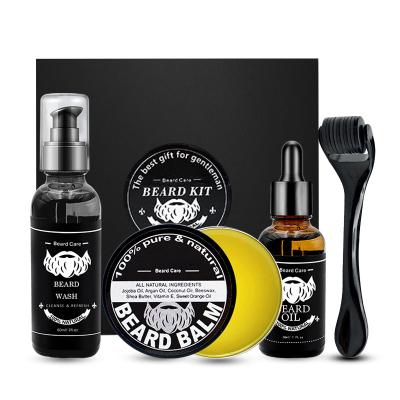 China Moisturize Custom Logo Mens Organic Nourishing Beard Care Oil Balm Kit 0.3mm Derma Roller Beard Growth Set Tool for sale