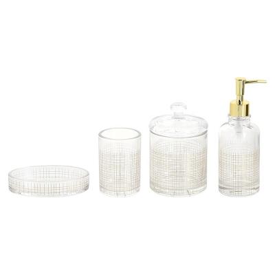 China Sustainable Square 4pcs Bathroom Accessories Glass Countertops Clear Body With Gold Decal Print for sale