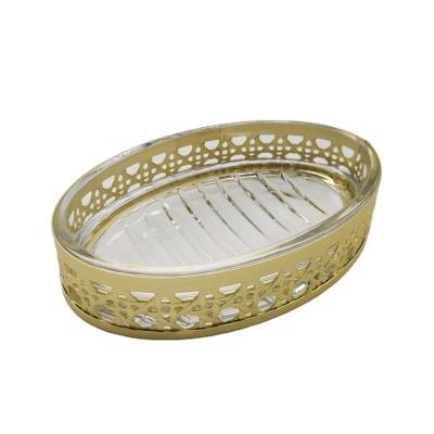 China Sustainable Glass Shower Toilet Room Soap Dish Bath Beware Countertop Soap Box Soap Tray Oval, With Gold Metal Cage for sale