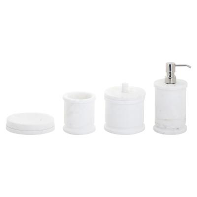 China Viable White Marble Bathroom Accessories 4pcs Set Cotton Natural Stone Pot Dish Soap Tumbler Dispenser Vintage Soap Jumbo Size for sale