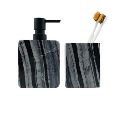 China Sustainable GRAY Marble Bathroom Accessories 2pcs Set Natural Stone Soap Dispenser Toothbrush Holder for sale