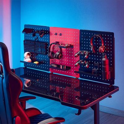 China PB-003 Triple Shelf Peg Board Desk Mount Steel Metal Gaming Pegboard Organizer with Pegboard Hangs Desk Management for sale