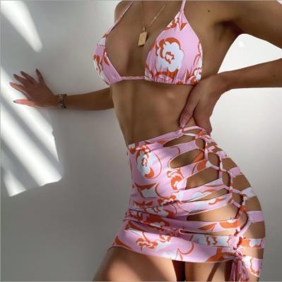 China 2022 Triangle Print Bikini Set Beach Breathable Brazilian Skirt CURRENT Upper Sexy Ladies Swimwear 3Pieces for sale