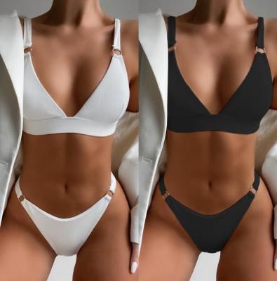 China 2022 Colors ACTIONS Two Colors Breathable Triangle Top Textured Ribbed Swimwear Rings Sexy Women Brazilian Bikini for sale