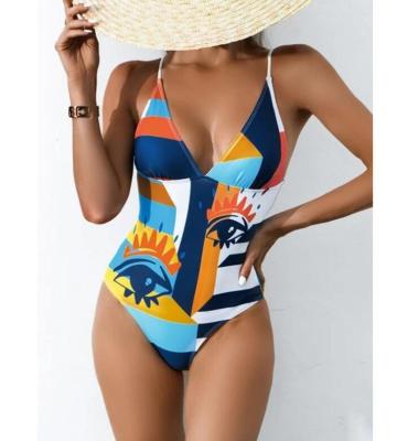 China HOT SALES 2Colors Breathable Print Lady Sexy Deep V-Neck One Piece Swimsuit Swimwear for sale