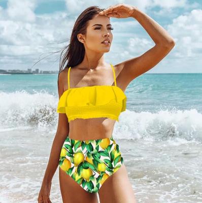 China NEW ACTION Bandeau Ruffle Details Breathable Upper Swimsuit Sexy Ladies High Waist Bikini Print XL Smocked Swimwear for sale