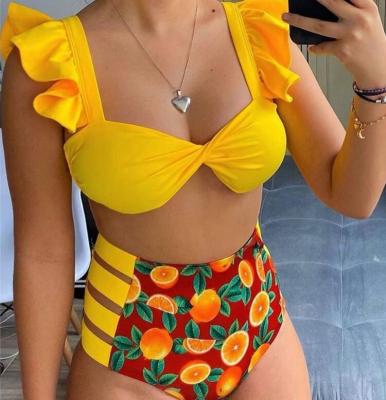 China Double Shoulder Ruffle Twist ACTIONS Fabric Striped Bikini Top Waist Details Strappy Sexy High Sides Breathable Swimwear for sale