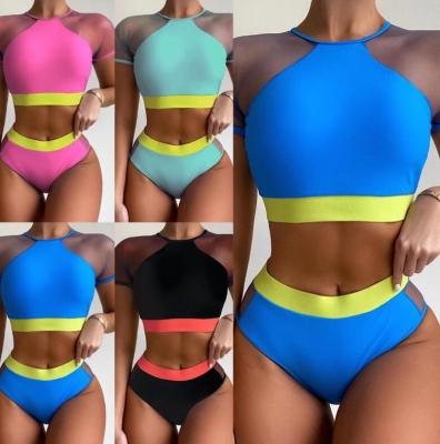 China ACTIONS 4Colors Breathable Mesh Bathing Suit Sexi Lady High Waist Bikini Set Breathable Short Sleeve Sheer for sale