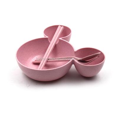 China Minimalist Wheat Straw Pink Mouse Shaped Natural Tableware Bowl Set Gift For Kids for sale