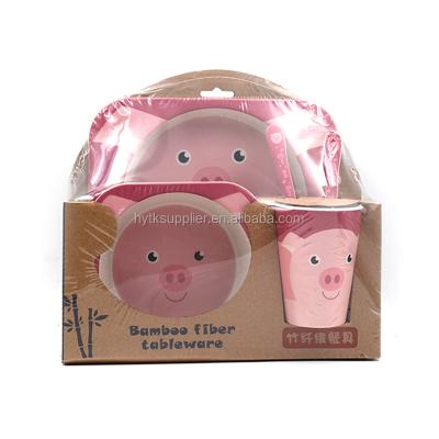 China Sustainable Cute Piggy Cartoon Dinner Cutlery Bamboo Material Shatterproof Kids Set for sale