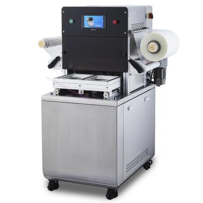 China Food DJL-330VS Semi-automatic Fresh Meat Seafood Fast Cooked Food Vacuum Skin Tray Cardboard Sealing Packaging Machine for sale