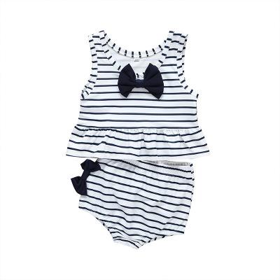 China 2021 Breathable Summer 2pcs Bow Striped Shorts And Tank Tops Babies Set Organic Cotton Toddler Infant Kids Sets for sale