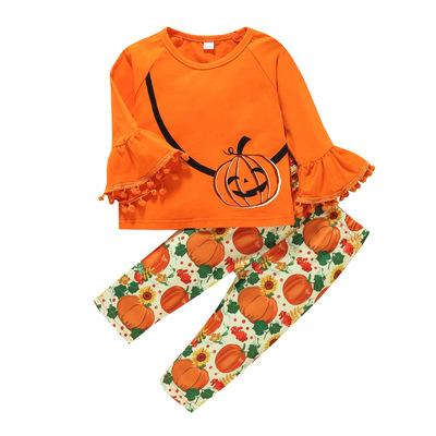 China Infant And Toddler Breathable Outfits Flare Sleeve Tops With Orange Pumpkin Pants 2pcs Set For 1st Halloween for sale