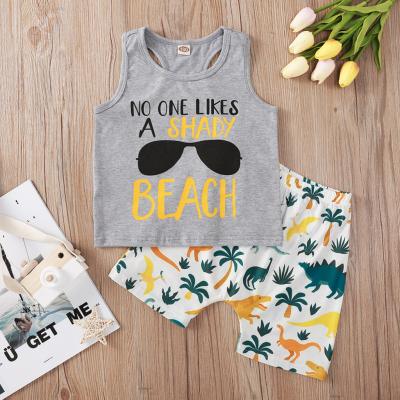 China Hip Hop 2021 Baby Boy Summer Clothes Gray Letter Vest With Dinosaur Kids Shorts Outfits Casual Clothing Set for sale