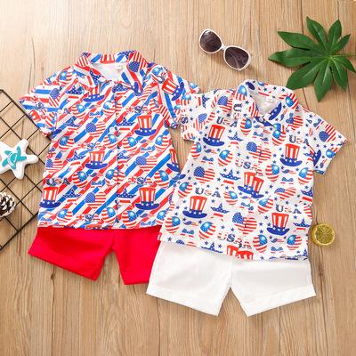 China 2Pcs Kids Baby Boy Clothes Formal Outfits Print Red Shirts+ Shorts Boy Sets For 4th July for sale