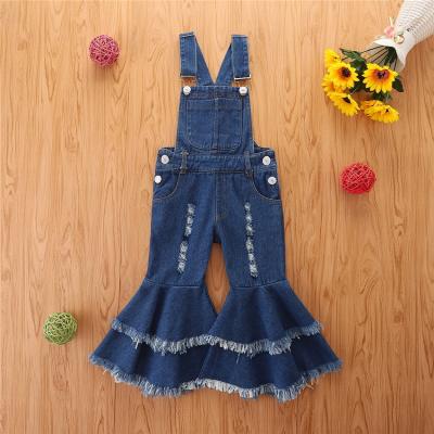 China Breathable Baby Pants Blue Denim Bottom 2021 Kids Girls Suspender Button Pants Gaiters Flare Pants for sale