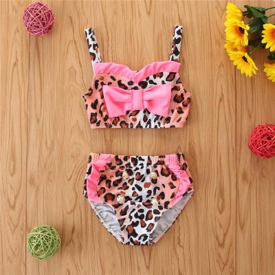 China 2021 Kids Babies 2pcs Tankini Bikini Set Breathable Bowknot Sling Swimwear Pink Leopard for sale