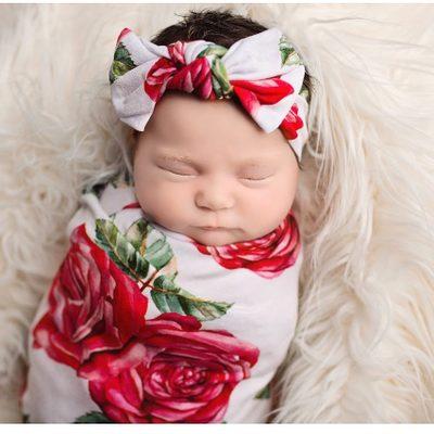 China Portable 0-3M Baby Floral Receiving Hospital Blanket Nursery Wrap Cotton Blanket With Headband Photography Props for sale