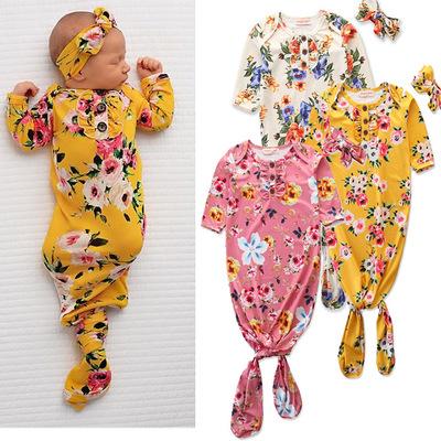 China Breathable Long Sleeve Baby Sleeping Bags With Headband Floral Print Cotton Infant Dress Newborn Baby Clothes Envelope Sleeping Bags for sale