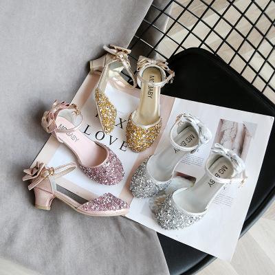 China Silver Flat Sequin Gold Princess Girls High Heels Spring Shoes Baby Dress All Match Shoes Fancy Cute Shoe With Bowknot for sale