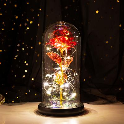 China Durable Preserved Flower Rose Glass Cover Led Nightlight Gold Foil Rose Christmas Gift Valentine Flower For Valentine's Day for sale