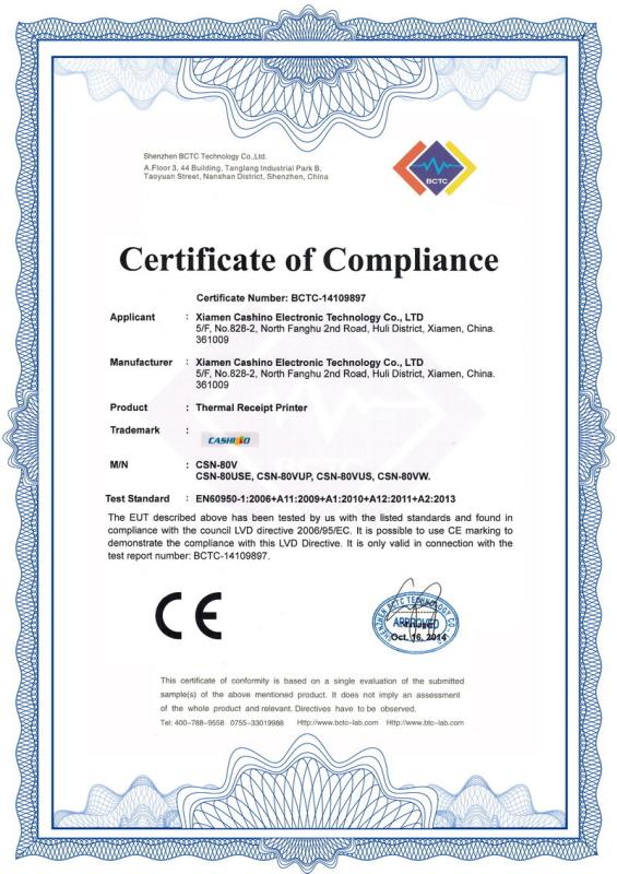 CE certificate - Xiamen Cashino Technology Co.,Ltd.
