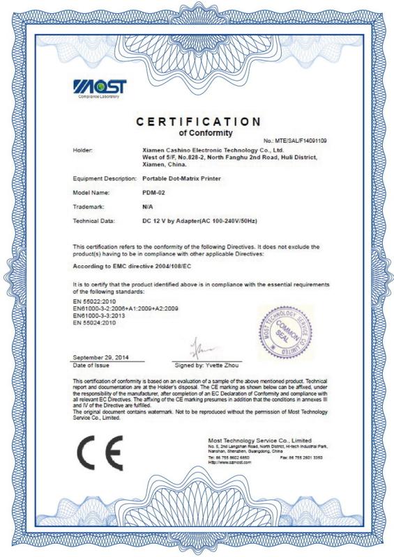 CE certificate - Xiamen Cashino Technology Co.,Ltd.