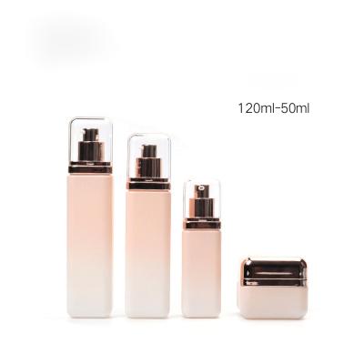 China Luxury cosmetic square personal care glass bottle set -- skin care container manufacturer -- aluminum with pump&spray&gold cap for sale